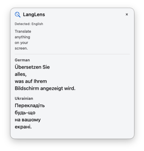 LangLens result bubble translating an English sentence into German and Ukrainian at the same time.